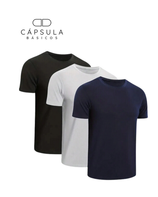 Pack Cápsula Esencial 3x Playeras Negro - Blanco - Azul - 100% Algodón - Fit-Perfecto